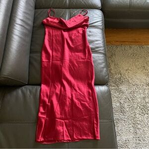 Red/burgundy midi silky dress.